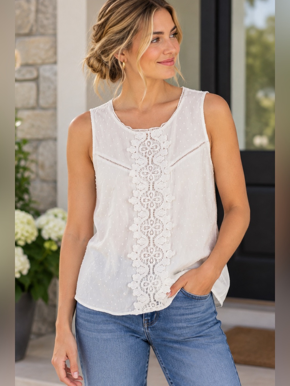 Yest White Swiss Dot Lace Crochet Sleeveless Blouse Size 6